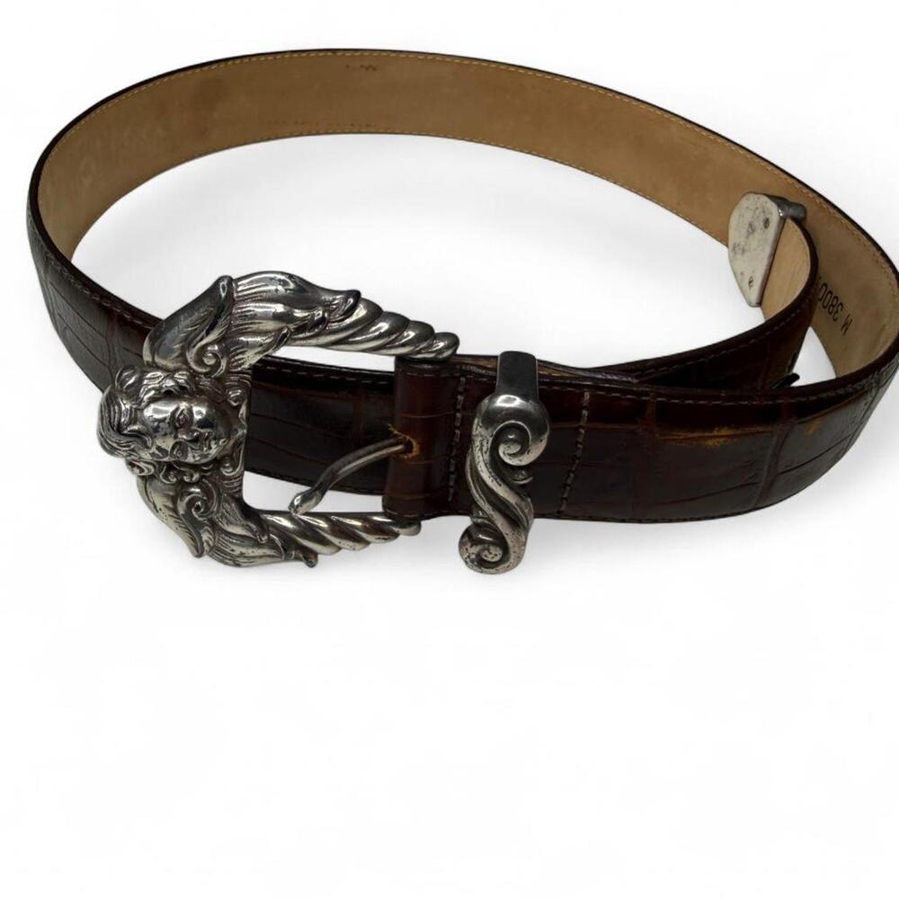 Vintage Brighton‎ 1995 brown crocodile-embossed leather belt Cherub angel